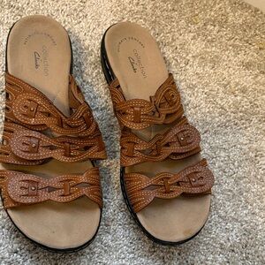 Clarks Women's Tan Braided Leather Slide Sandals